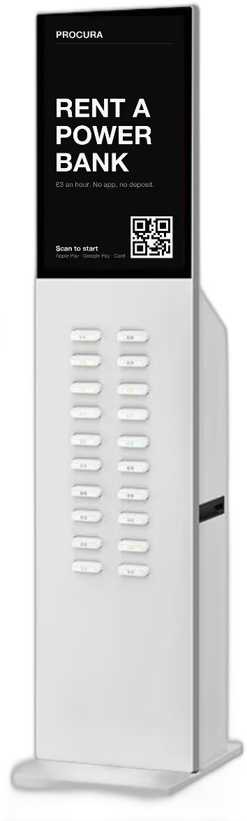 Procura Floor 20, a slim white standing kiosk with a portrait screen and twenty slots