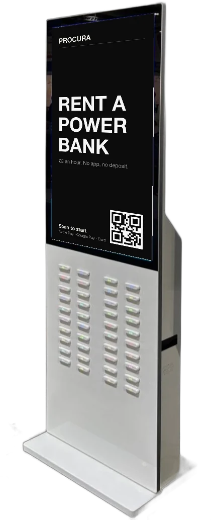 Procura Tower 40, a large waterproof kiosk with a big portrait screen and forty slots