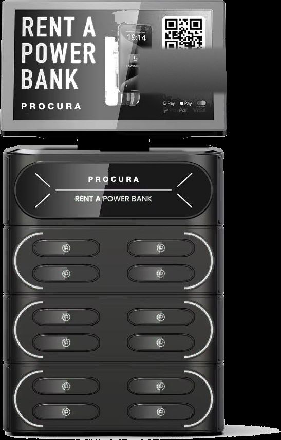 The Procura counter station in matte graphite, with a screen on top and twelve power bank slots